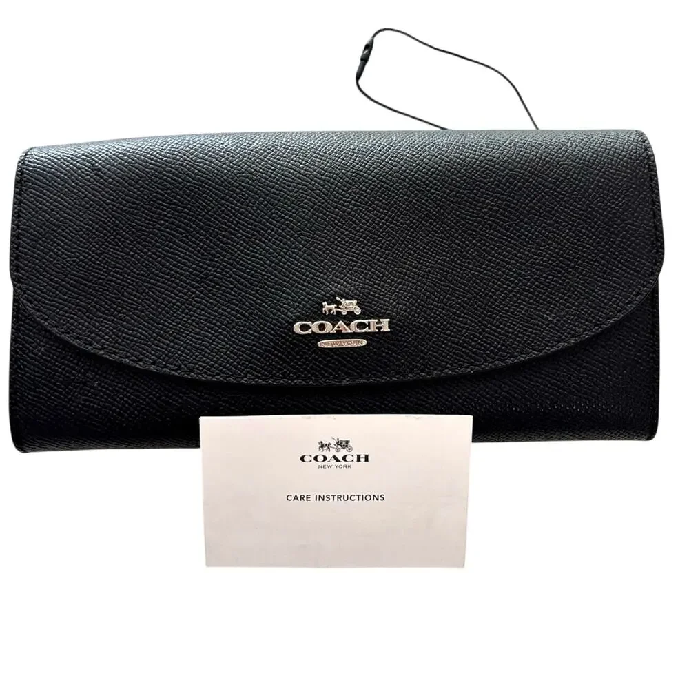 New COACH F23453 Slim envelope black leather wallet with wild plaid mini wallet